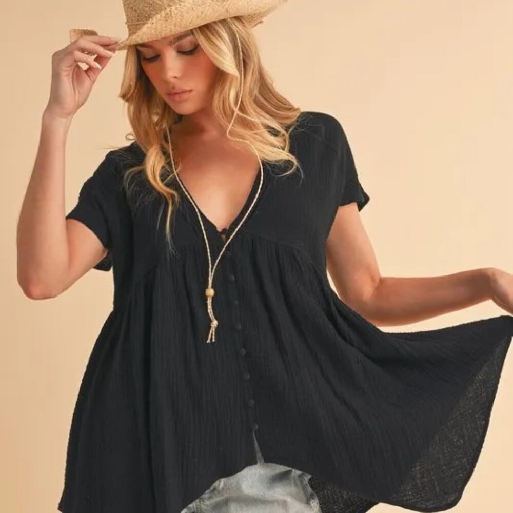 Aemi + Co Tuck Detail V-Neck Short Sleeve Blouse